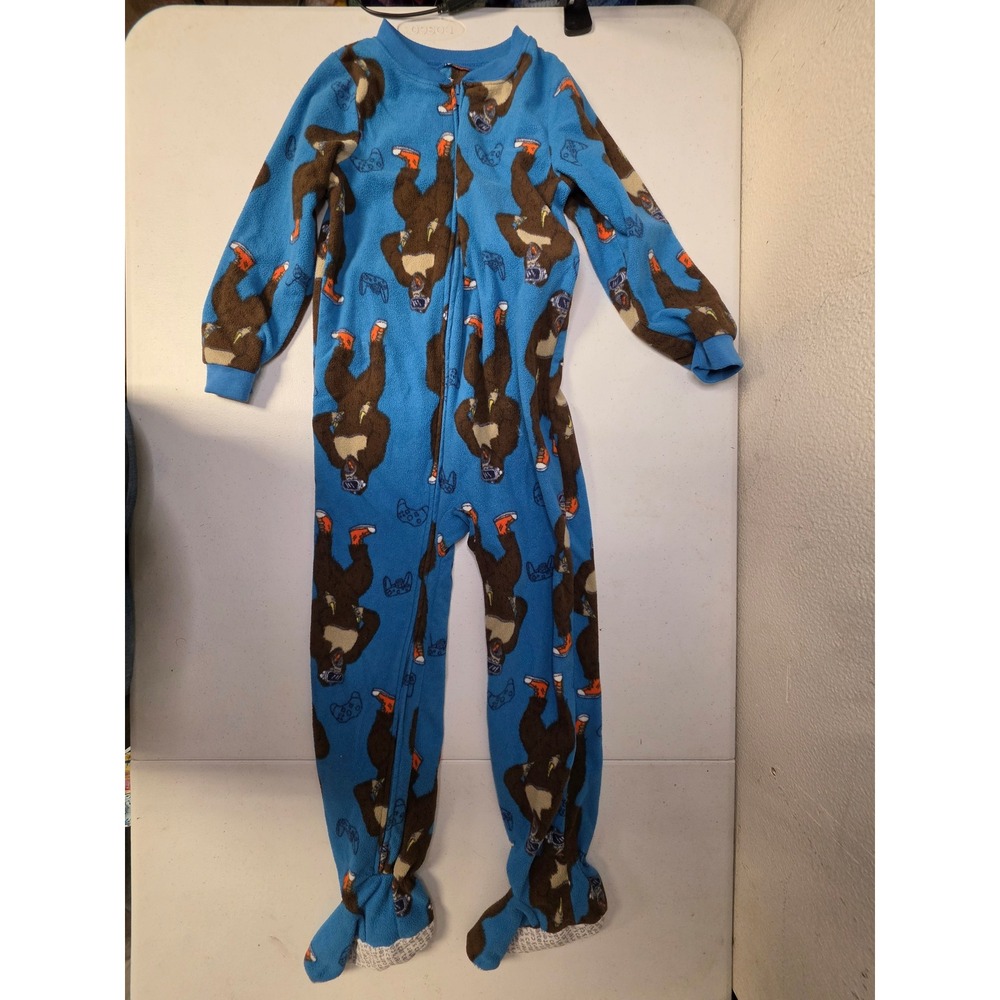 Carters Kids Blue Fleece Gorilla Gamer Footed Pajamas Size 7 One Piece Sleeper